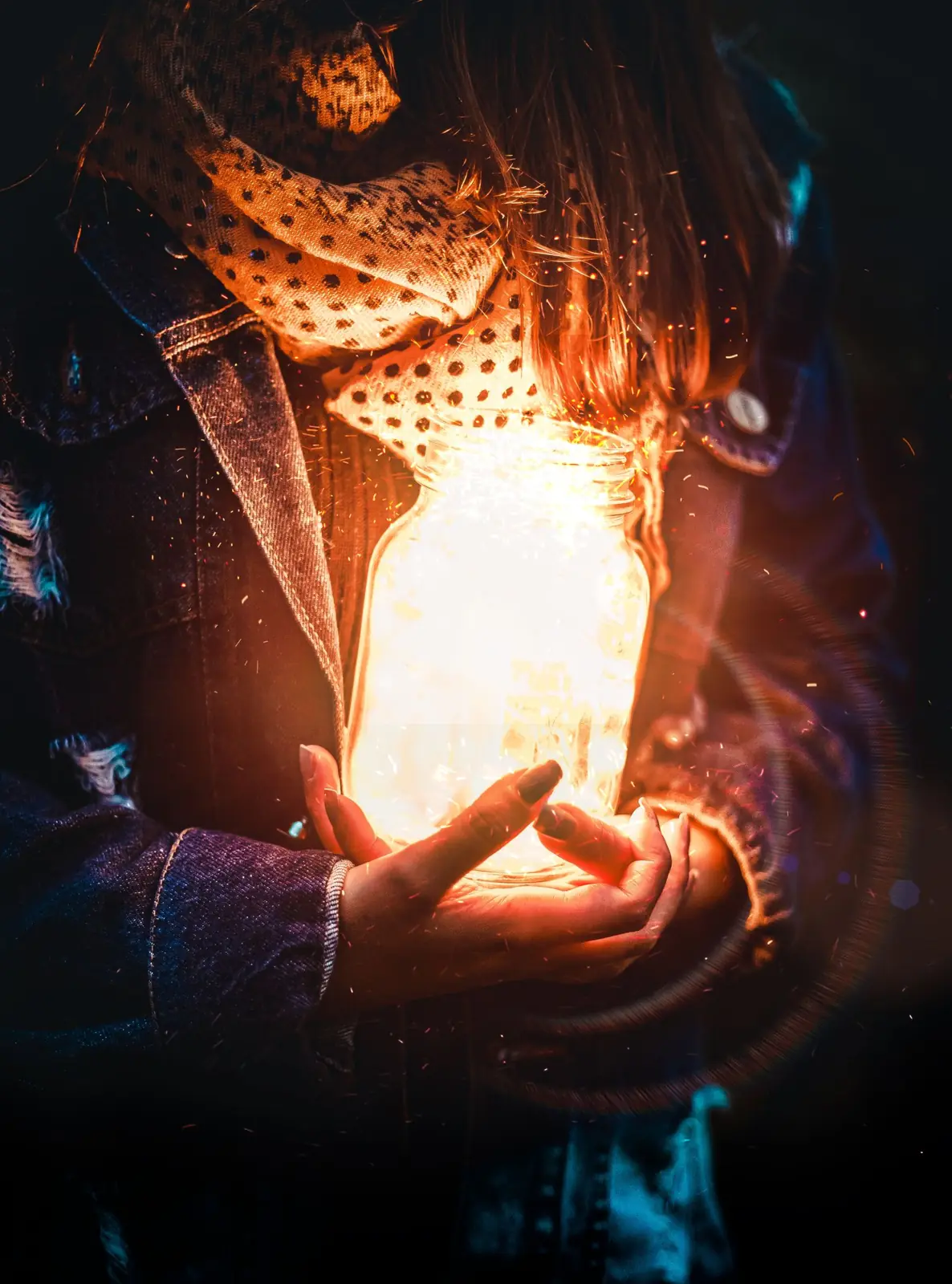 Hands holding a glass jar glowing with firefly string lights